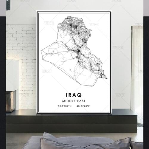 Map print poster canvas poster canvasWorld Map IRAQ Black White MapPoster Picture Art
