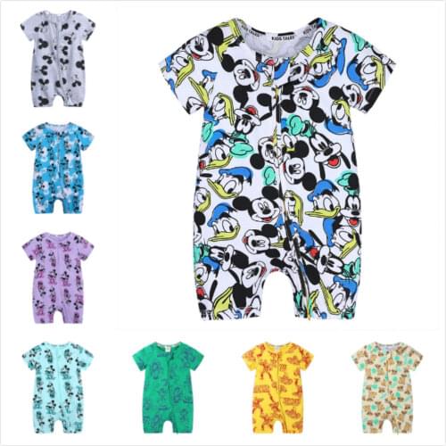 Summer Newborn Baby Rompers Short Sleeve Cartoon Mickey Mouse Dinosaur Boys Girl Toddler Kid Zipper Cotton Infant Onesies Outfit