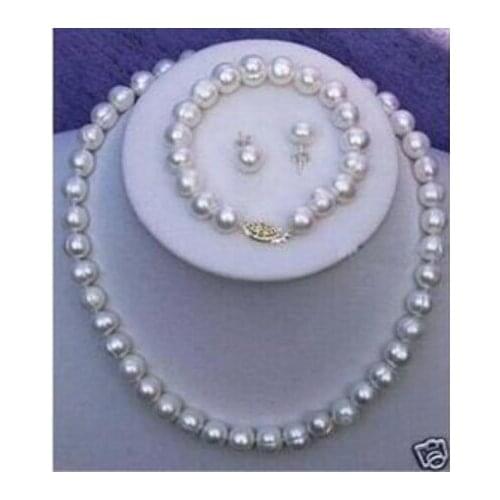 Beautiful 9-10mm White Freshwater Pearl Necklace Bracelet Earring Set