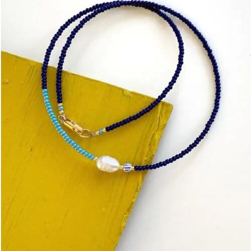 Hand-Made Natural Pearl Mix And Match Blue Beaded Short Necklace Ladies Elegant Temperament Accessories Fashion Jewelry New 2021