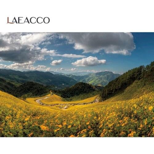 Laeacco Mountain Green Most Tree Fores Flowers Cloudy Sky Natural View Photographic Background Photography Backdrop Photo Studio