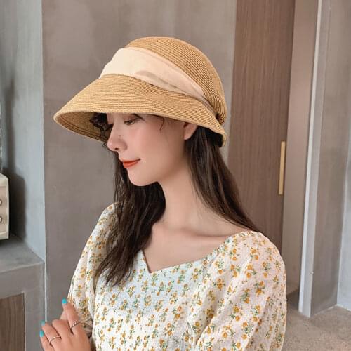 Summer New Womens Sun Hat Bucket cap Ribbon Flat top Straw Hats Beach Caps Panama Women Sun Hat Large Brim Straw Outdoor Hat
