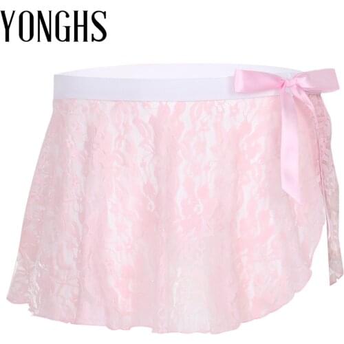Mens Lingerie Sissy Babydoll Mini Skirts See Through Sheer Lace Mid Rise Elastic Waistband Side Split with Bowknot Mini Skirt