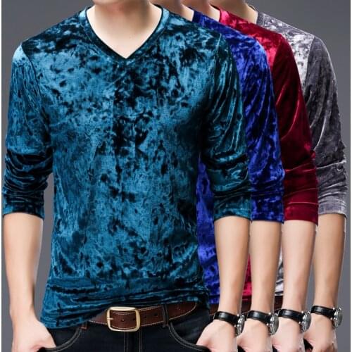 New arrivals mens long sleeve gold velvet t shirts spring male fashion style v-neck soft velvet t shirt