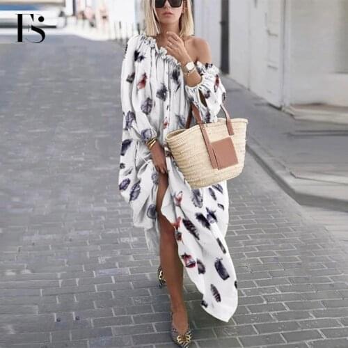 2020 Summer Long Sleeve Slash Neck Plus Size Boho Dresses Feather Printed Bohemian Beach Maxi Dress For Women Summer