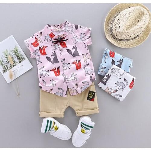 Cotton linen shirt short-sleeved suit boy clothes summer short-sleeved casual shorts suit cartoon printing baby two-piece suit