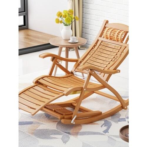 Folding Rocking Chair Armchair W/Footrest&Massage Mahogany Finish Foldable Rocker Outdoor Patio Furniture Bamboo Chair Recliner