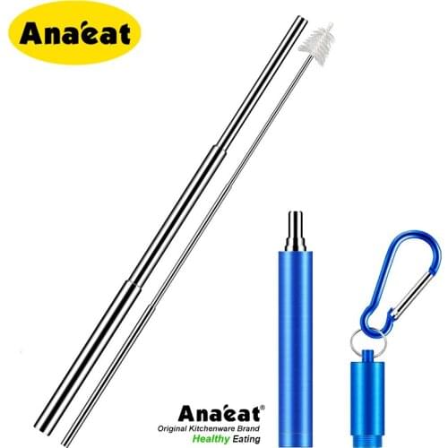ANAEAT 1pc/set Telescopic Reusable Straws Stainless Steel Metal Cleaning Brush Keychain