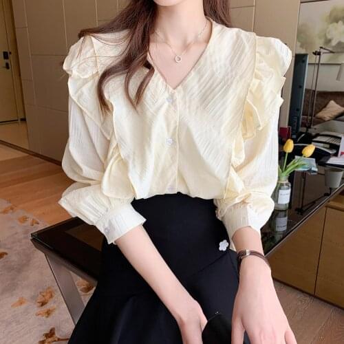 V-Neck Ruffled Chiffon Shirts Women Spring Fall 2021 Retro Casual Elegant Blouses Female Solid Korean Long Sleeve Loose Blusas