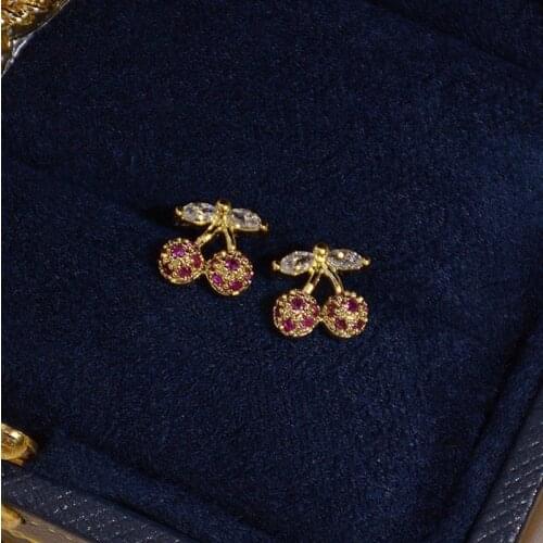 Japanese&Korea Delicate Jewelry 14K Real Gold AAA Zircon Cherry Stud Earrings for Women Luxury Crystal Fruit Earrings