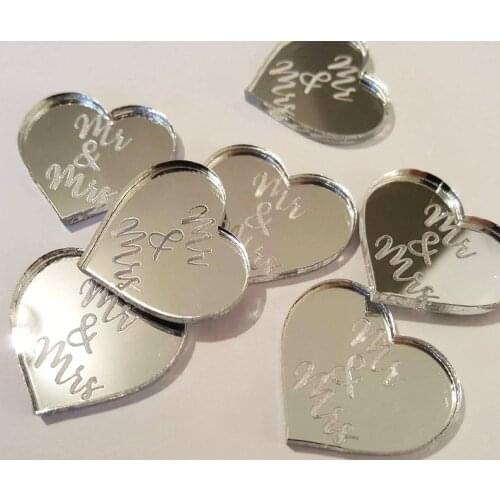 Custom mirror stickers , Custom Mr&Mrs Engraved Mirror , Engraved Mirrored Acrylic Wedding Scatter Hearts