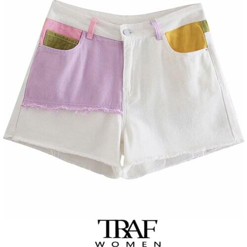 TRAF Za Women Chic Fashion Frayed Tassel Patchwork Denim Shorts Vintage High Waist Zipper Fly Female Short Pants Mujer