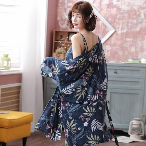 3 Pieces Womens Pajamas sets Spring Sexy Women Pyjama Nightdress+Robe+Pant Female Nightwear Home Clothes Sleepwear