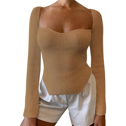 Women Fashion Sexy Square Neck Knitted Sweater Long Sleeve Irregular Hem Solid Color Knitwear Office Dating Dailywear