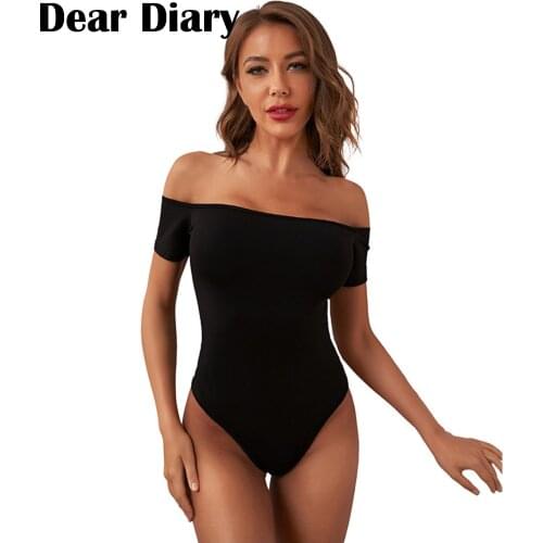 Womens Black Sexy Teddies Bodysuits Short-sleeved Off-the-shoulder Base Shirt Elastic Band Bodysuit Ladies Clothes Ropa Mujer