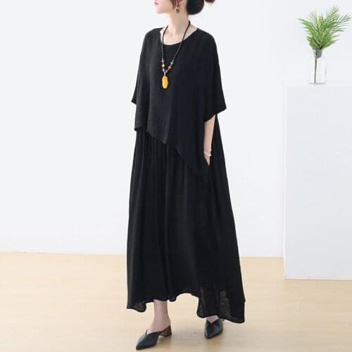 2021 Summer Chinese Style Women Dresses Short Sleeve Robe Vintage Femme Solid Color Loose Cotton Long Vintage Dresses FF3304