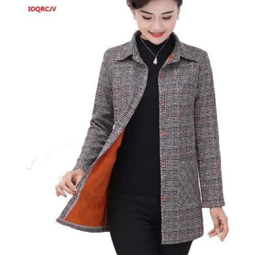 Middle-aged Womens Autumn Winter Woolen Coat Fashion Slim Plus Velvet Warm Plaid Wool Jacket Large Size Ladies Outerwear W1466