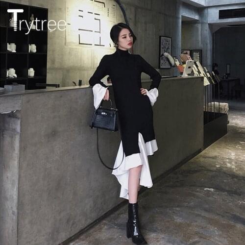 Trytree 2020 Autumn Winter Women Dress Knitted Patchwork Butterfly Sleeve Irregular Hem High Street Fashion Elastic Casual Dress
