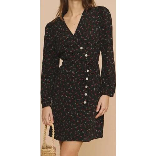 2021 Spring Women Deep v neck Retro floral mini Dresses Party floral Vestidos Button-up Slim vintage Printed Bow Sashes Dress