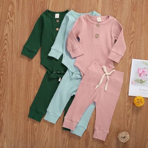 Infant Baby Ribbed Solid Outfits 2Pcs Set Fashion Casual Long Sleeve Knitted Jumpsuit + Lace Up Trousers Suit