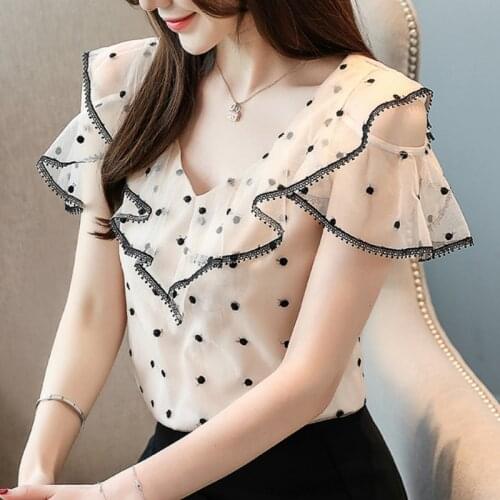 Womens Summer Blouses 2021 Short Sleeve Shirt Women Ruffles V Collar Dot Women Blouse Ladies Tops Womens Tops And Blouses B374