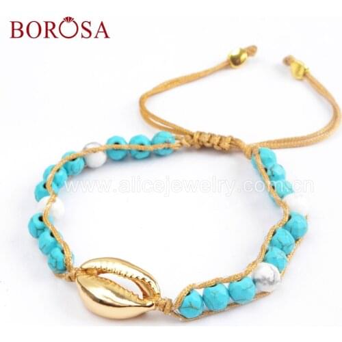 BOROSA Jewelry 5/10PCS Full Gold Color Natural Cowrie Shell Faceted 6mm Blue Howlite Beads Adjustable Rope Bracelets HD0001