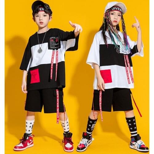 Kids Hip Hop Clothing Short Sleeve T-Shirt Ribbons Shorts Hiphop Boys Girls Jazz Performance Dance Outfit Stage Costume BL5943