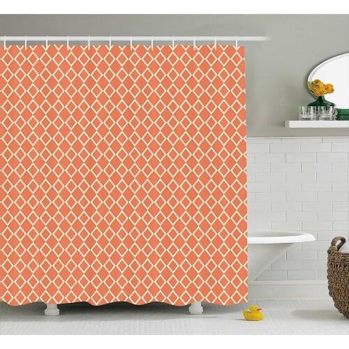 Geometric Shower Curtain Diagonal Checkered with Squares on Orange Modern Geometrical Waterproof Polyester Bath Curtains