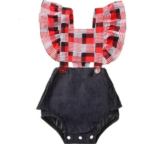 2021 0-18M Summer Infant Baby Girl Jumpsuit Red Plaid Striped Print Ruffle Short Sleeve Button Denim Patch Romper
