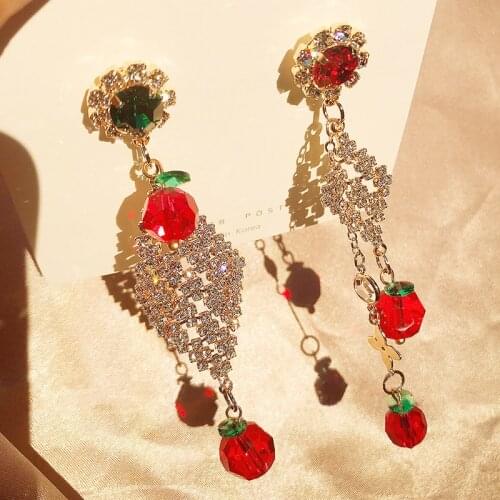 MENGJIQIAO Korean Luxury Rhinestone Rhombus Drop Earrings For Women Girls Fashion Joker Cute Cherry Jewelry Pendientes Mujer