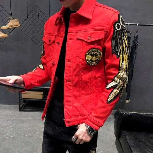 Mens Trendy Wings Embroidery Jean Jacket Fleece or Unlined Slim Denim Coat Black Red