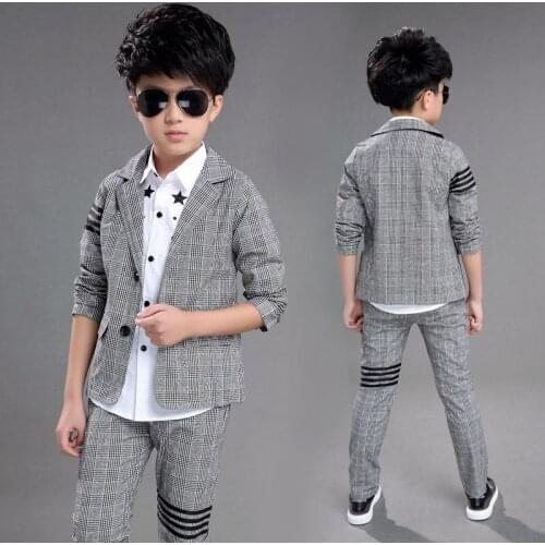 Boys England Plaid Formal Suit 2020 Spring & Fall Childrens Long-Sleeved Clothes Set Male Kids Casual Jacket + Pants 2 Pcs X62