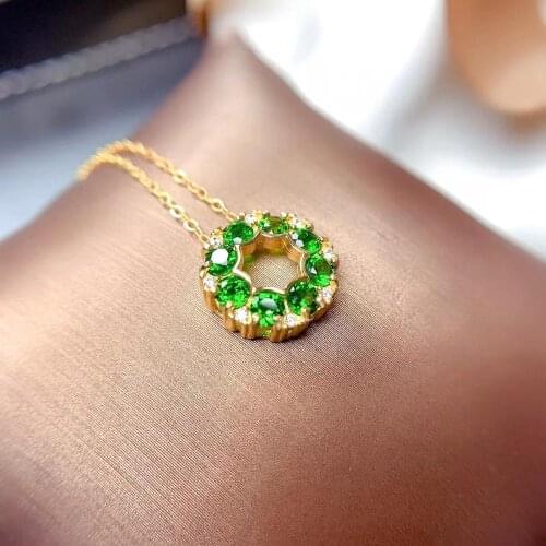Elegant Small circle round natural green diopside Pendant natural gemstone pendant necklace S925 silver women party jewelery