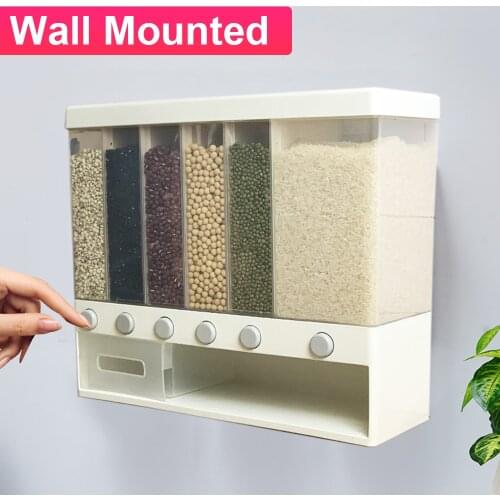 Moisture Proof Wall Mounted Cereal Dispenser 6 Grids Rice Container Dispenser Plastic Automatic Racks Sealed Food Storage Box