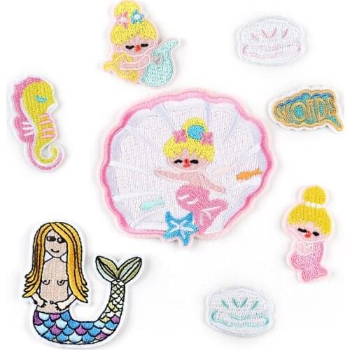 Ocean Mermaid Shell Sticker Embroidered Iron on Patches Clothes Bags Girls Fabric DIY Appliques Accessories