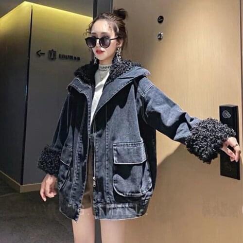 Winter Fashion Loose Denim Jacket Women New Plus Velvet Vintage Thick Warm Lamb Cotton Female Outwear Oversize Big Pockets Coats