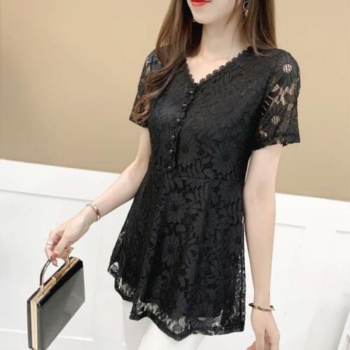 2021 Summer Women Lace Short Sleeve Sexy T-shirt Hollow Out V-neck T Shirt All-match Black Top Bottoming Femininas Tops Y680