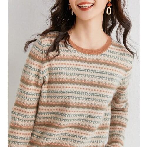 2021 New Autumn Winter Womens Sweaters And Pullovers O-Neck 100% Wool Sweaters Wild Female Striped Knitted Loose Casual Jumper