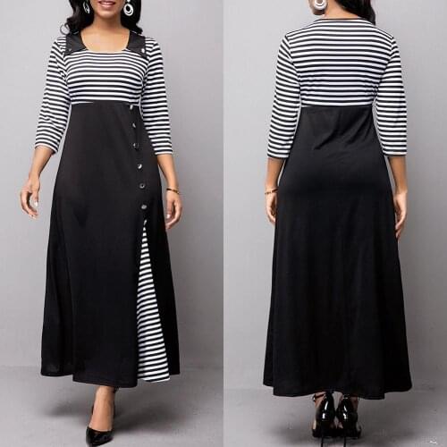 Women Elegant Stripes Patchwork Large Hem Button Irregular Party Maxi Dress