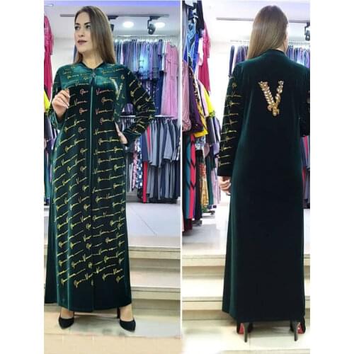 Letter Print Zipper Up Muslim Velvet Dress Plus Size Robe Africaine Femme Islamic Clothing New Spring Autumn Maxi Long Dresses