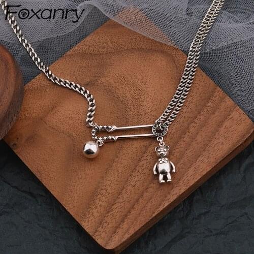 Foxanry 925 Sterling Silver Sweater Necklace for Women New Trend Vintage Unique Splicing Chain Bear Paperclip Party Jewelry Gift