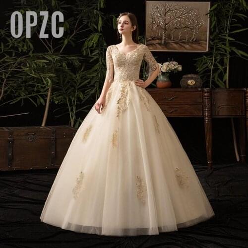 Hot Sale Wedding Dress champagne New Arrival Appliques Embroidery Lace Half Sleeve Sexy V Neck Princess Gown vestido de noiva 7