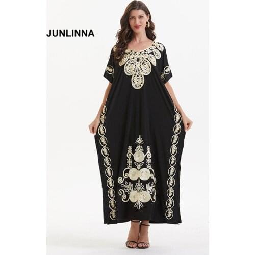 Rayon Fibre Womens Loose Dress Fashion New Robe Long Vestidos O-Neck Short Sleeve Embroidery Dresses