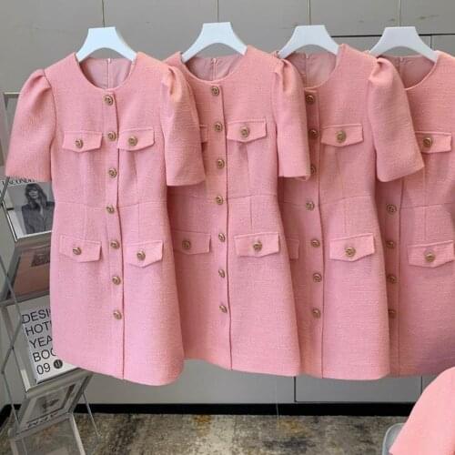 French style autumn small fragrance tweed puff sleeve dress women single breasted slim a-line dress