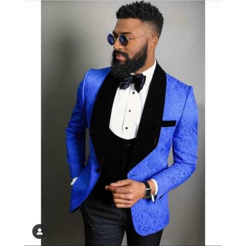 Royal Blue Floral Black Vest Pant Men Suits Wedding Tuxedo Groom Slim Fit Terno Masculino Prom Blazer 3 Pieces Costume Homme