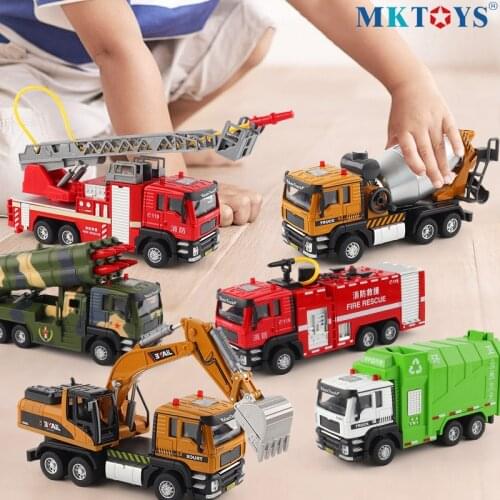 1:50 Diecast Model Excavator Fire Vehicle Dump Truck Sprinkler Rocket Simulation Military Missile Vehicle Rocket Sound Toys Car
