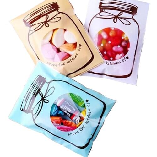 300pcs 7x10cm Pink Blue Mason Jar Design Cellophane Bag Candy Cookie Plastic Packing Bag Small Bottle Design Self-adhesive Bags