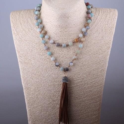 Free Shipping Fashion Rosary Chain Amazonite Stones Bohemian Tribal Jewelry Brown Tassel Necklace