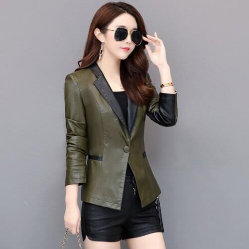 Faux Blazer Leather Jacket Oversize Women Female Autumn Fall Zipper Black Green Leather Jacket Plus Size PU Slim Fashion Tops