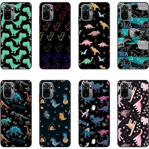 Black Silicone Phone Case For Xiaomi Redmi Note 10 Pro Max Matte Soft Back Cover For Redmi Note 10 10S Shell Cute Dinosaur Cases